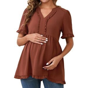 Maternity Boho Ruffled V Neck Short Sleeve Flowy Casual Blouses Brown